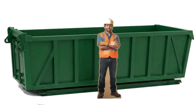 A 20 yard DIYscapes roll-off container, shown beside a person for scale