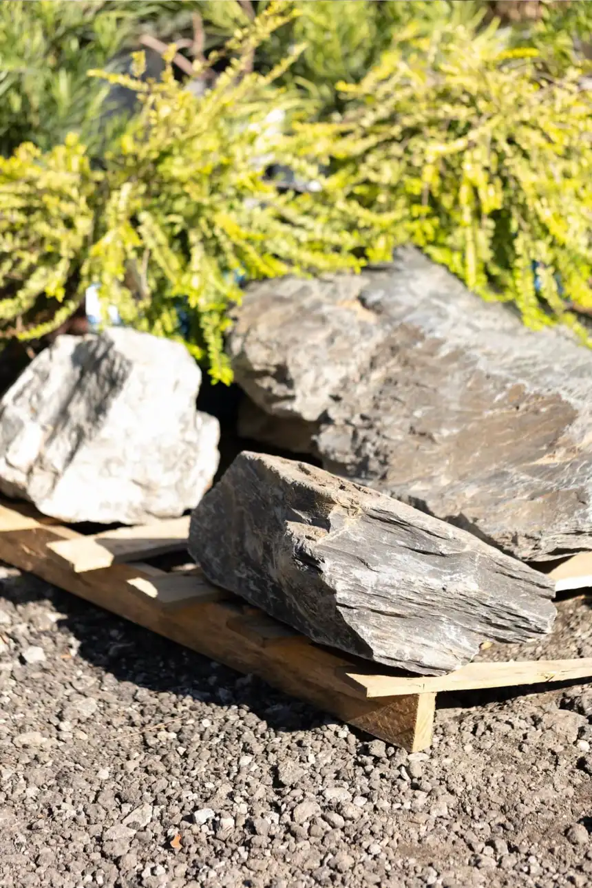 Boulders and accent stone set into a new planting bed