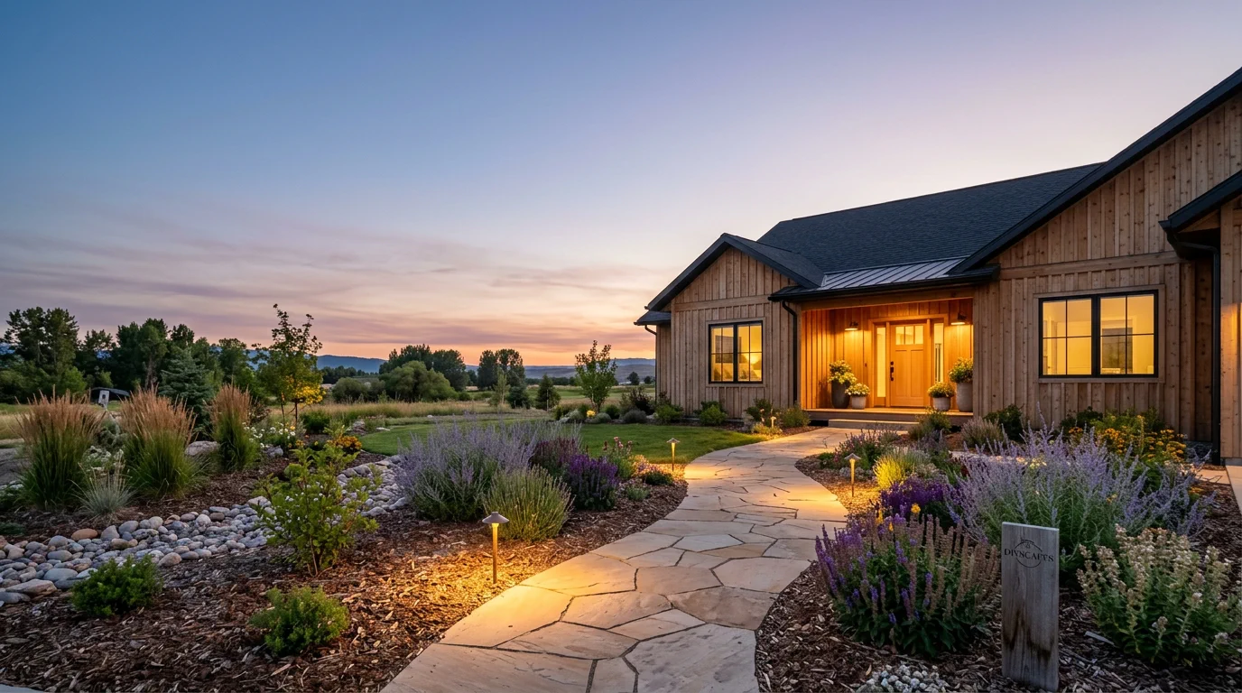 A home at dusk with a lit flagstone walkway winding through planted beds and ornamental grasses