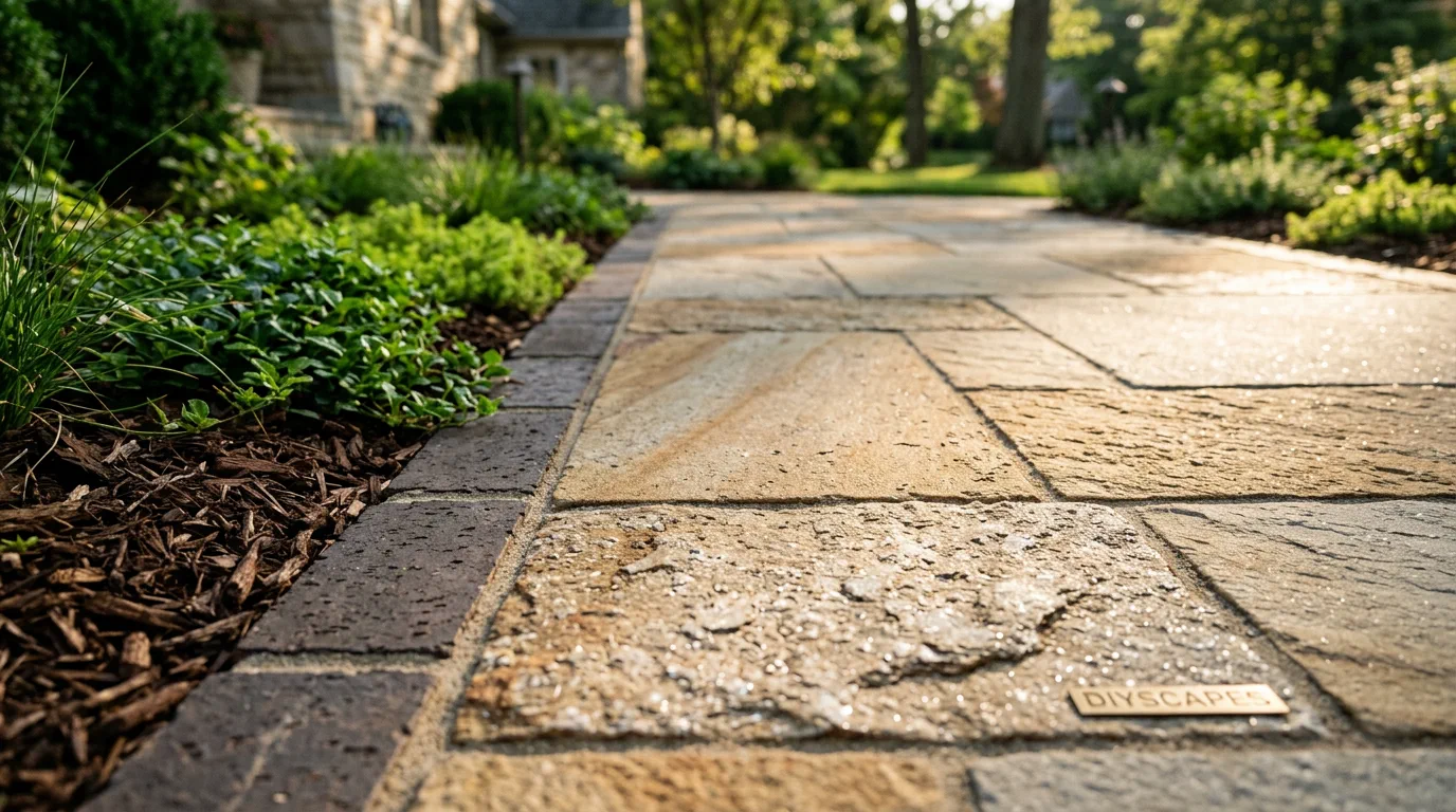 A flagstone walkway edged in pavers, running past a mulched bed of low greenery toward a house