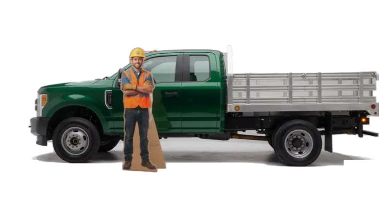 A green DIYscapes flatbed truck with an aluminum stake bed, shown beside a person for scale