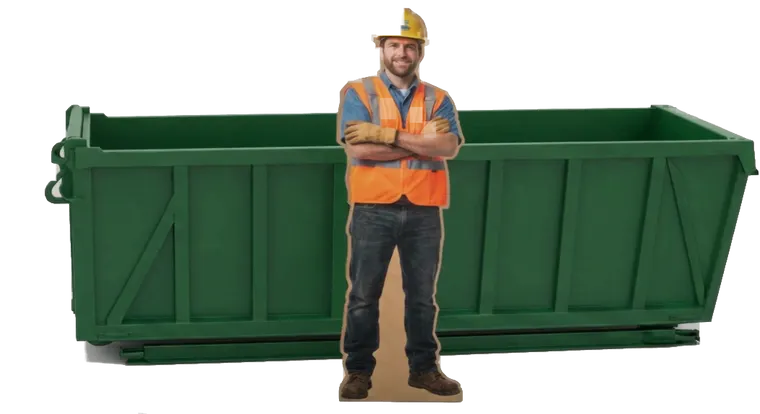 A 15 yard DIYscapes roll-off container, shown beside a person for scale