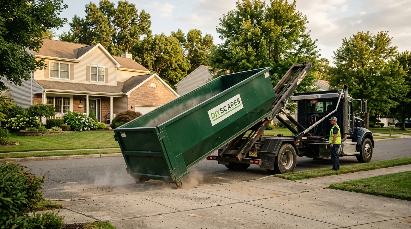 A green DIYscapes roll-off being set down on a home's driveway from the back of a hook-lift truck