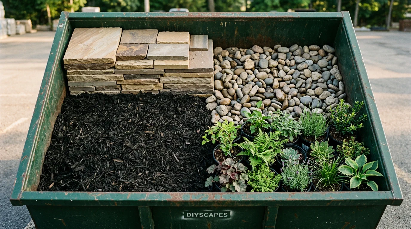 A roll-off loaded with stacked flagstone, river rock, black mulch and trays of potted plants